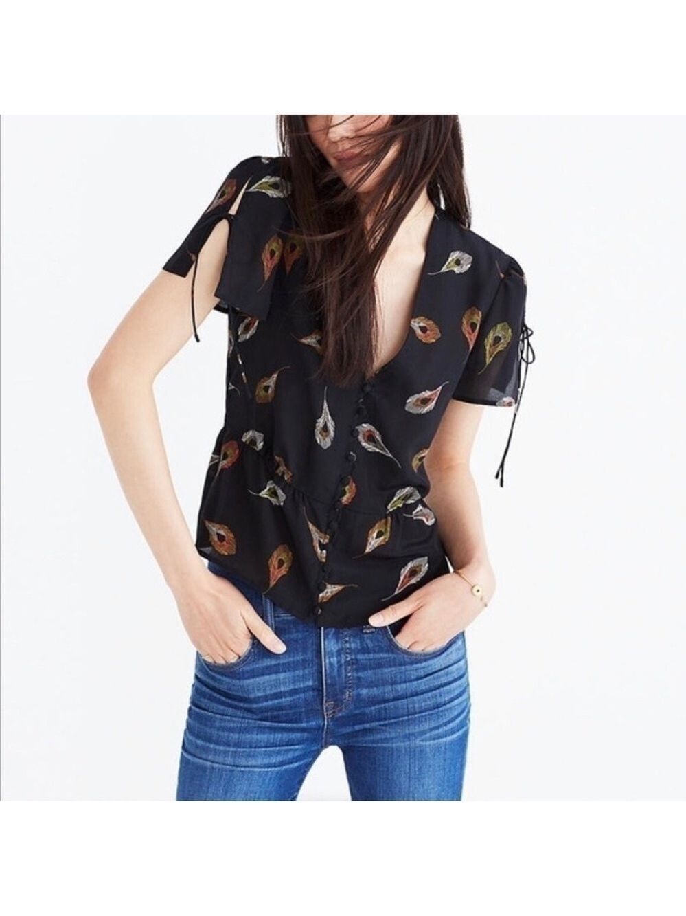 MADEWELL Silk Belle Top Peacock Feathers Size 2 short sleeve button down